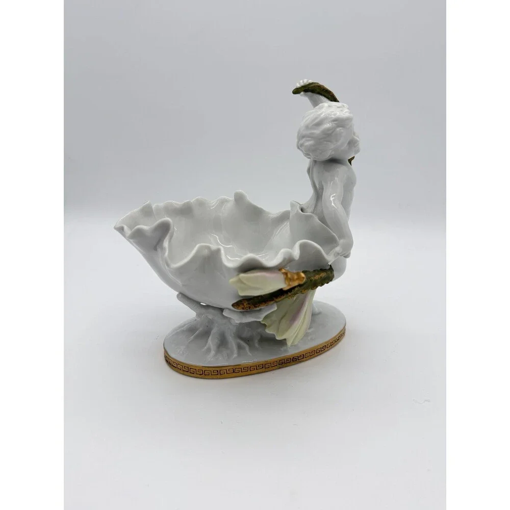 Antique Moore Bros White/Gold Trim Orchid Porcelain Putti Cherub Bowl Sculpture